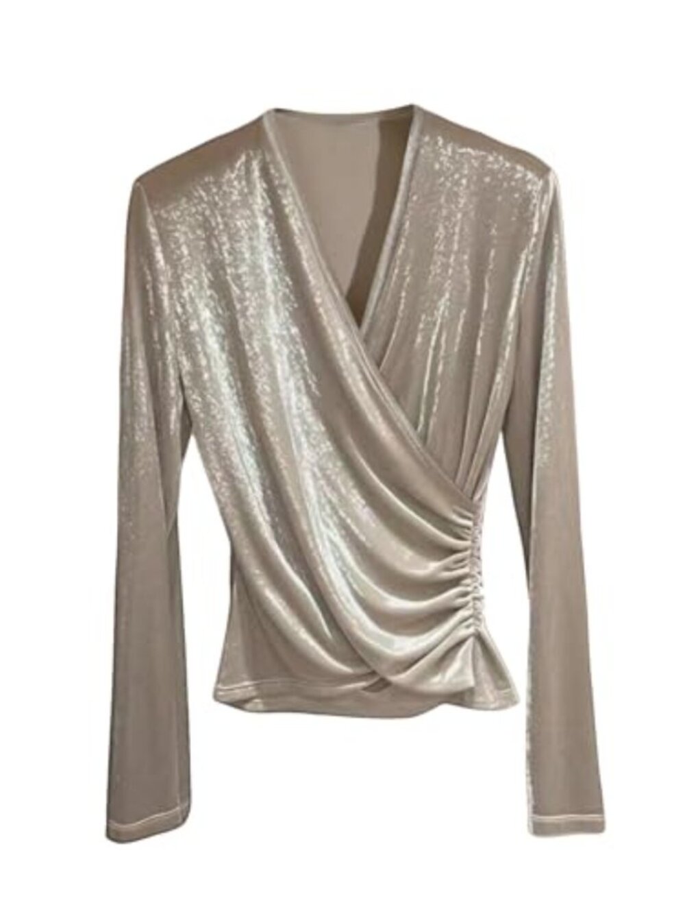 Women's Velvet Wrap Top Ruched V Neck Long Sleeve Elegant Evening Party Tunic